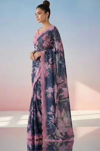 Navy blue floral mirror work satin saree