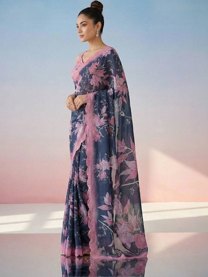 Navy blue floral mirror work satin saree