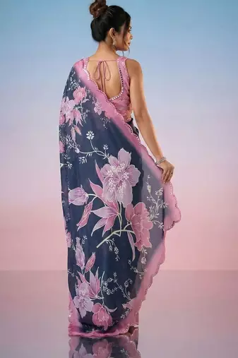 Navy blue floral mirror work satin saree
