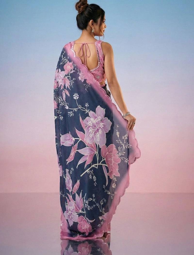 Navy blue floral mirror work satin saree