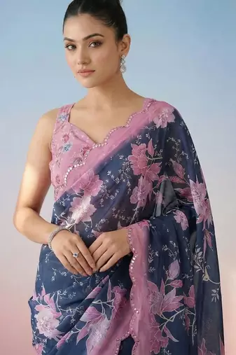 Navy blue floral mirror work satin saree