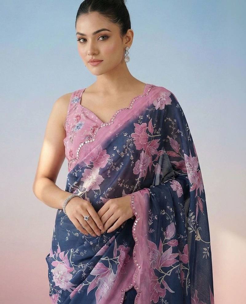 Navy blue floral mirror work satin saree