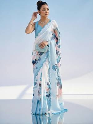 white floral mirror work satin saree 1