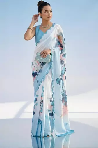 white floral mirror work satin saree