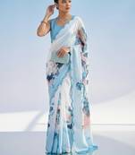white floral mirror work satin saree