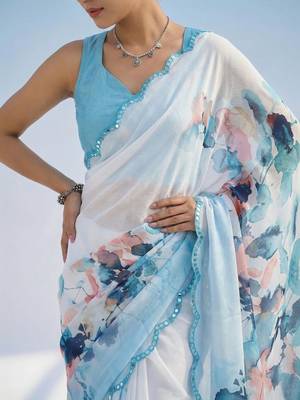 white floral mirror work satin saree 2