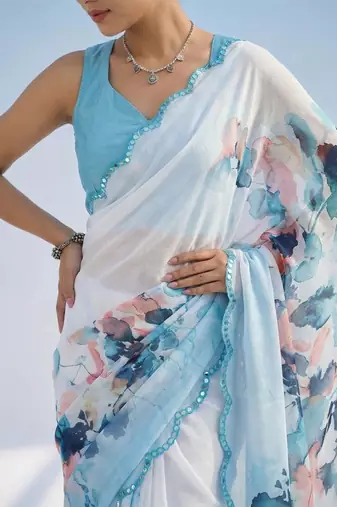 white floral mirror work satin saree