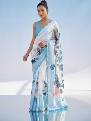 white floral mirror work satin saree 3