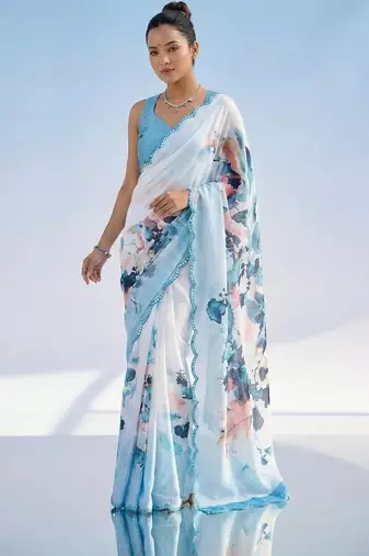 white floral mirror work satin saree