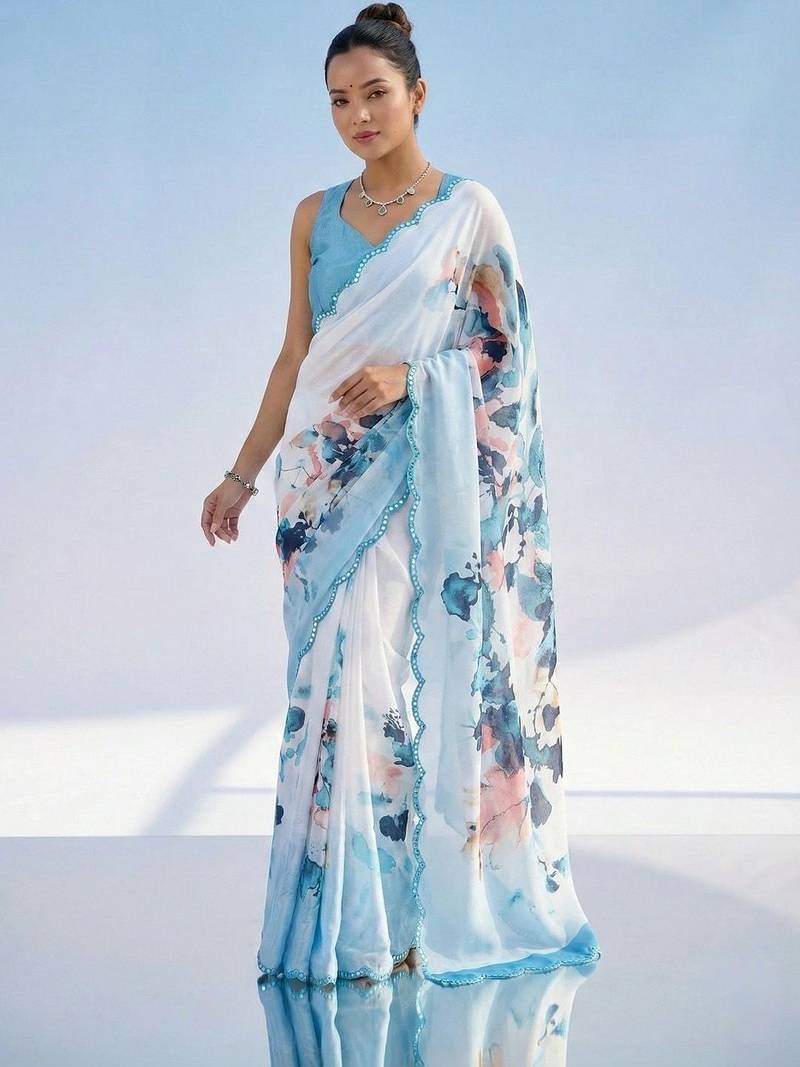 white floral mirror work satin saree