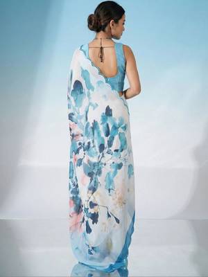 white floral mirror work satin saree 4