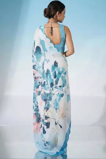 white floral mirror work satin saree