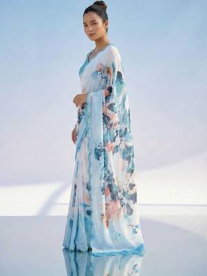 white floral mirror work satin saree 5