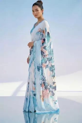 white floral mirror work satin saree