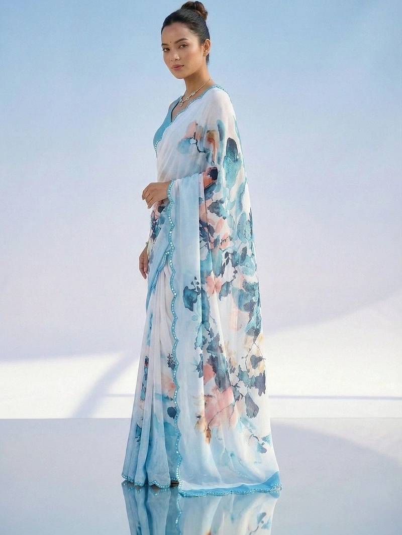 white floral mirror work satin saree