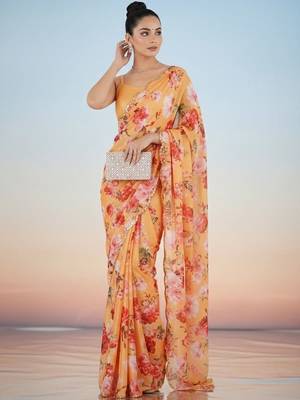 peach floral sequinned satin saree 1