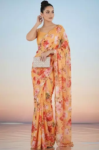 peach floral sequinned satin saree