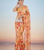 peach floral sequinned satin saree