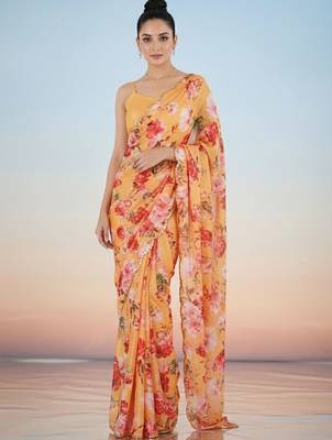 peach floral sequinned satin saree 2