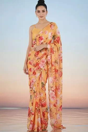 peach floral sequinned satin saree
