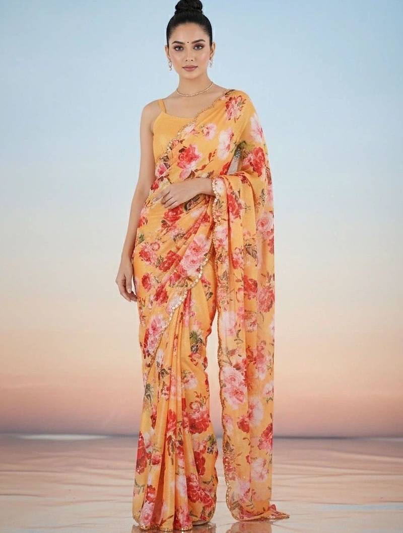 peach floral sequinned satin saree