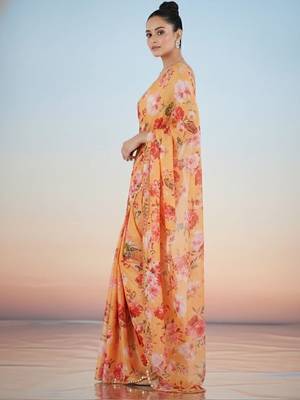 peach floral sequinned satin saree 3