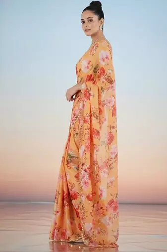 peach floral sequinned satin saree