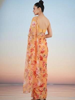 peach floral sequinned satin saree 4