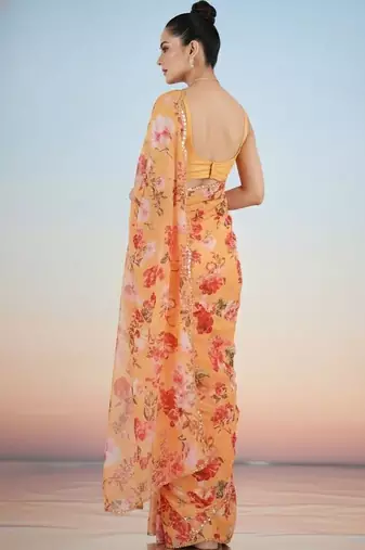 peach floral sequinned satin saree