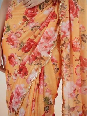 peach floral sequinned satin saree 5