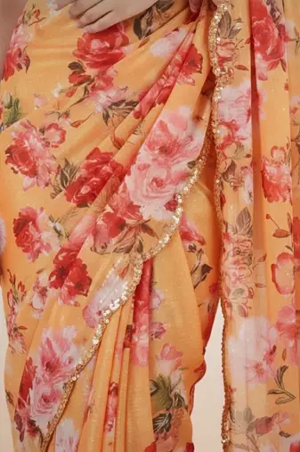 peach floral sequinned satin saree