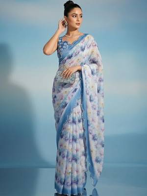 Off white floral sequinned satin saree 1