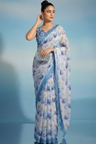 Off white floral sequinned satin saree