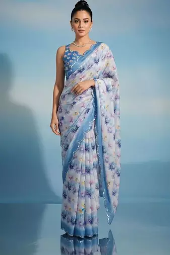 Off white floral sequinned satin saree