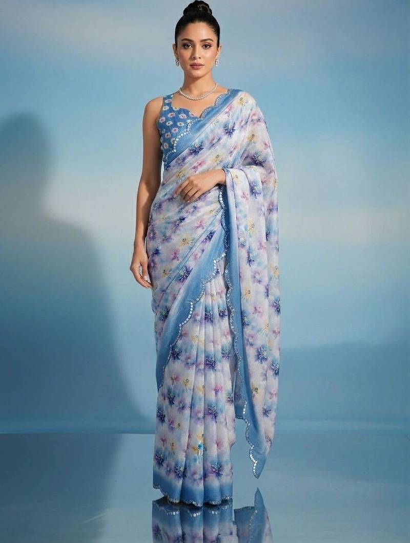 Off white floral sequinned satin saree