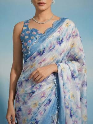 Off white floral sequinned satin saree 3
