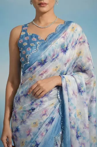 Off white floral sequinned satin saree
