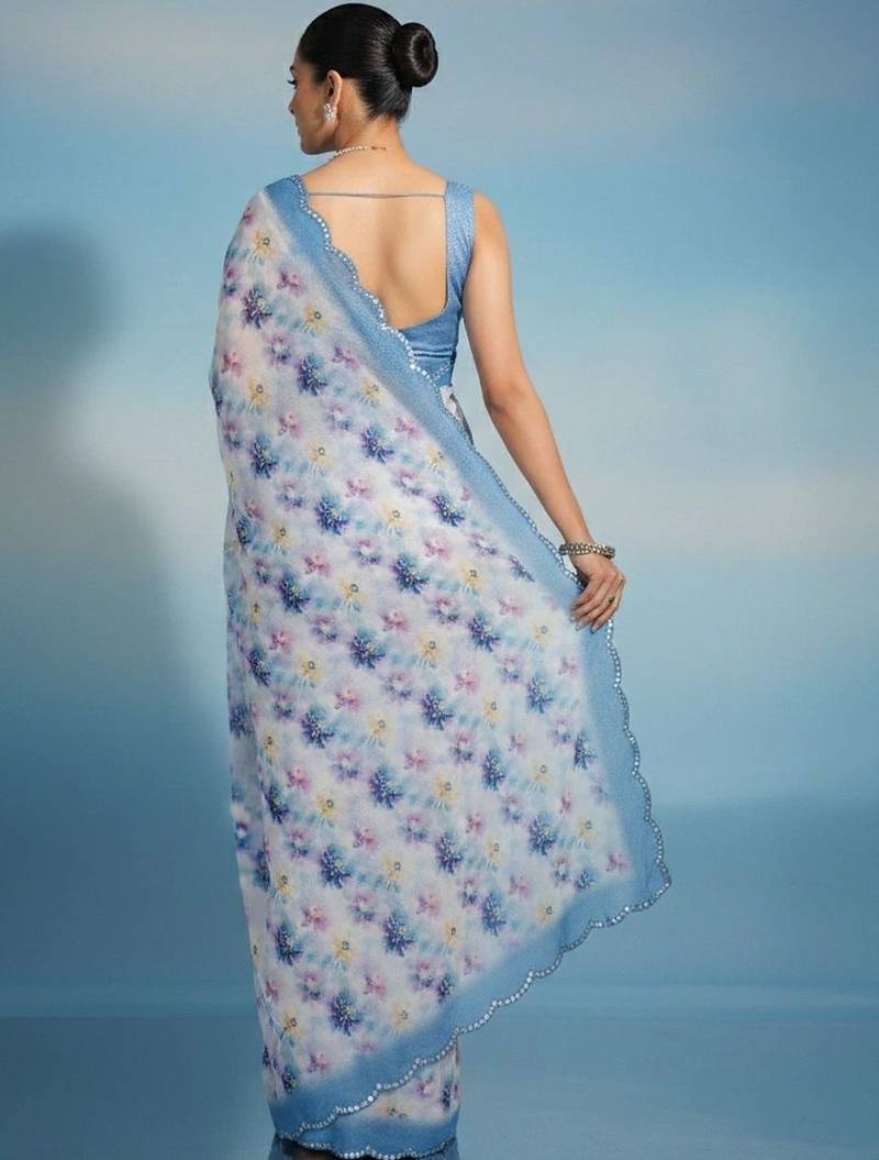 Off white floral sequinned satin saree