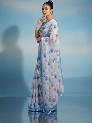 Off white floral sequinned satin saree 5