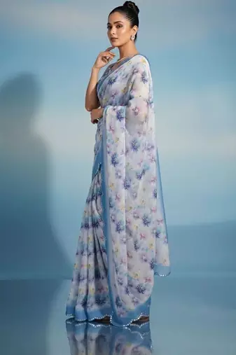 Off white floral sequinned satin saree