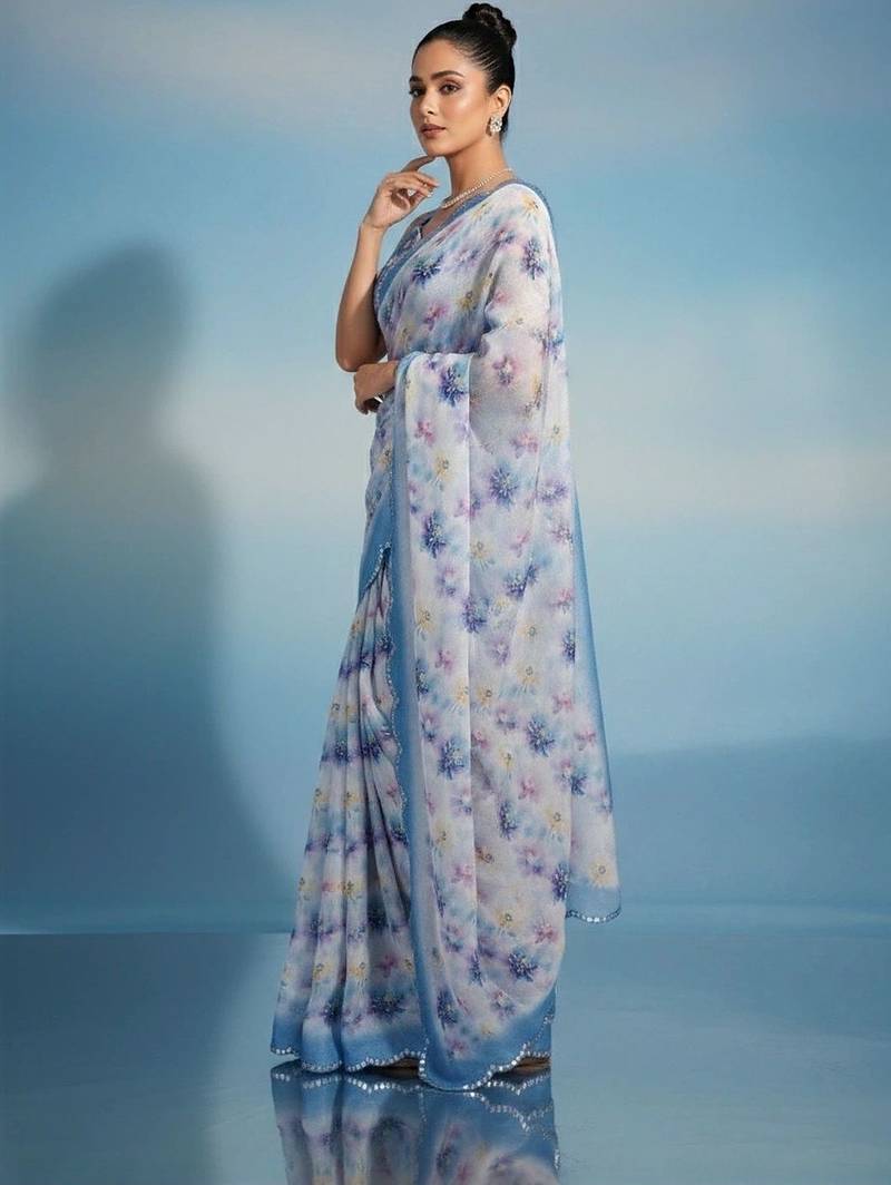 Off white floral sequinned satin saree