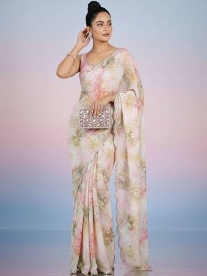 off_white floral mirror work satin saree 1
