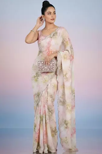 off_white floral mirror work satin saree