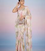 off_white floral mirror work satin saree
