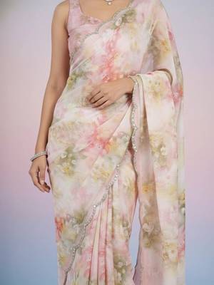 off_white floral mirror work satin saree 2