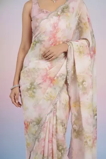 off_white floral mirror work satin saree