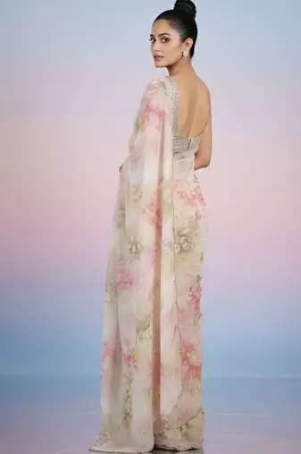 off_white floral mirror work satin saree