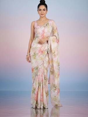 off_white floral mirror work satin saree 4
