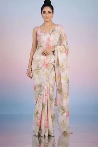 off_white floral mirror work satin saree