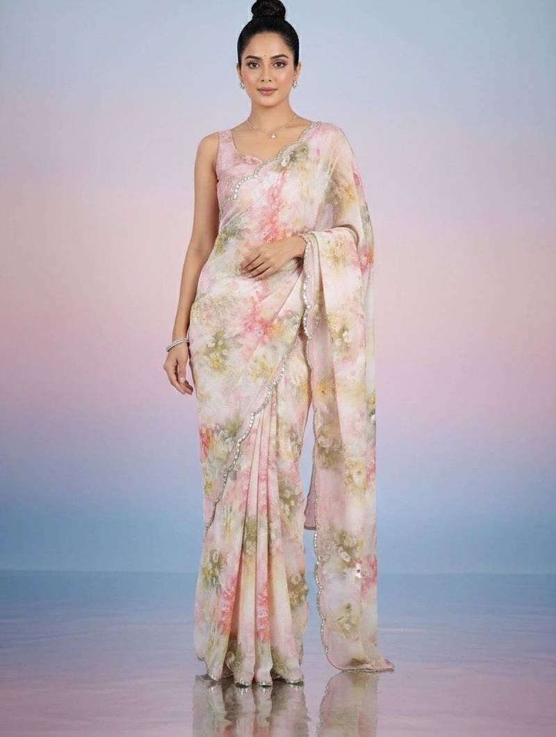 off_white floral mirror work satin saree